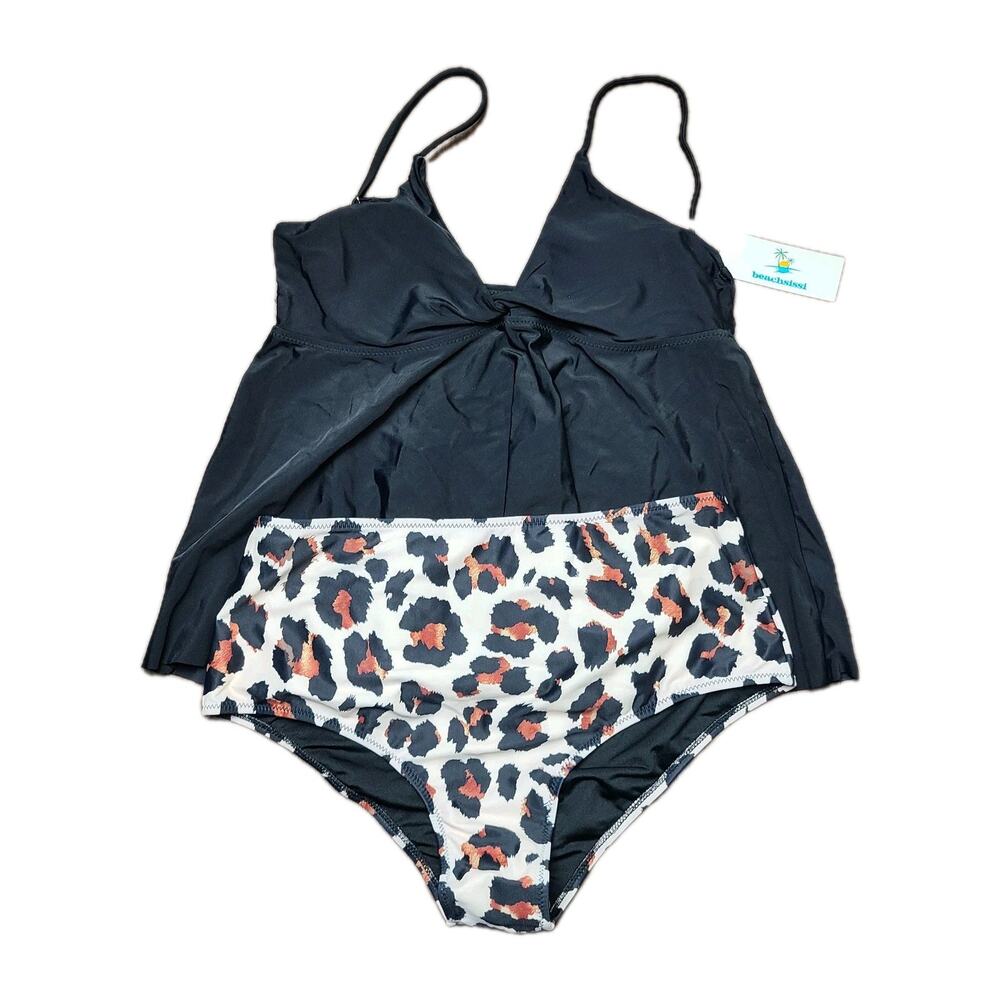 NWT‎ Beachsissi Women's Tankini Set Black Top Animal Print Bottoms L